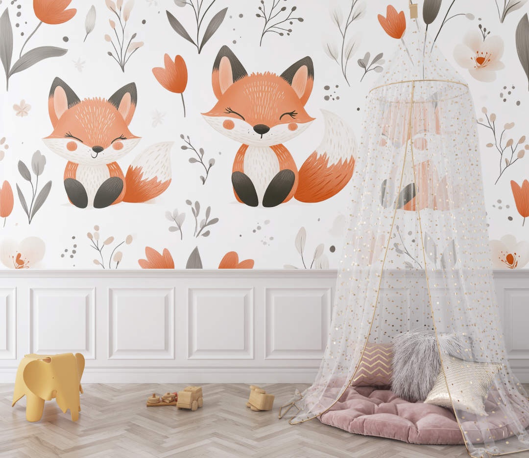 Papier peint renard floral bebe