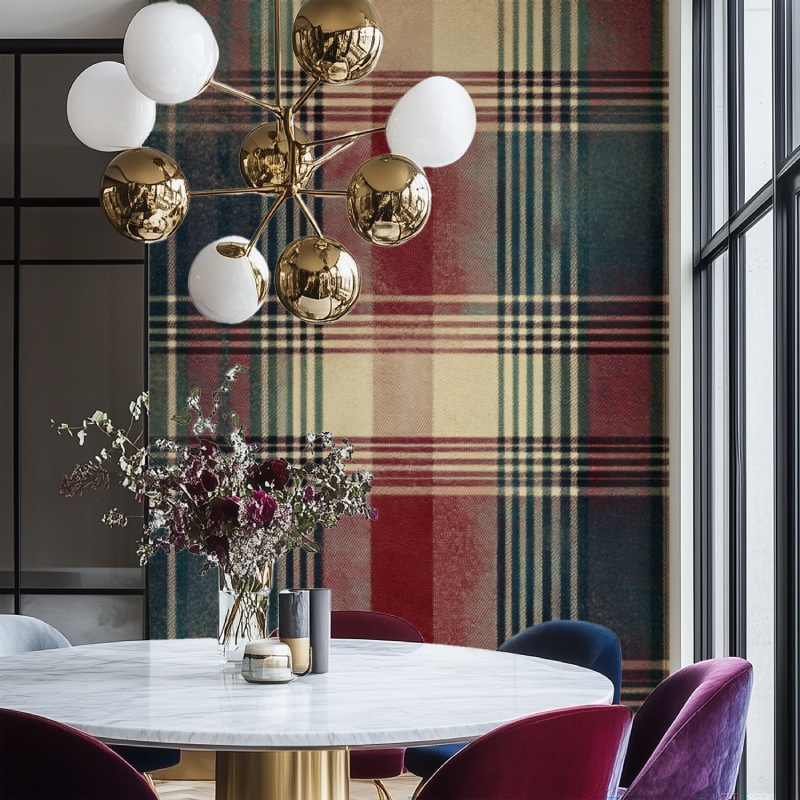 Papier peint vintage tartan salon chaise