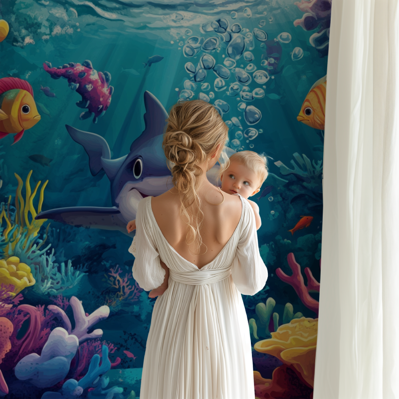 Papier peint marin poulpe rouge et requin bb123