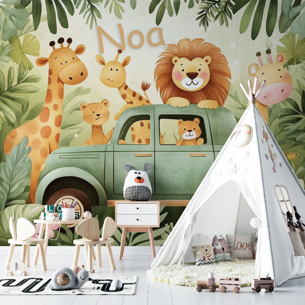 Papier peint prenom expedition jungle chambre bebe