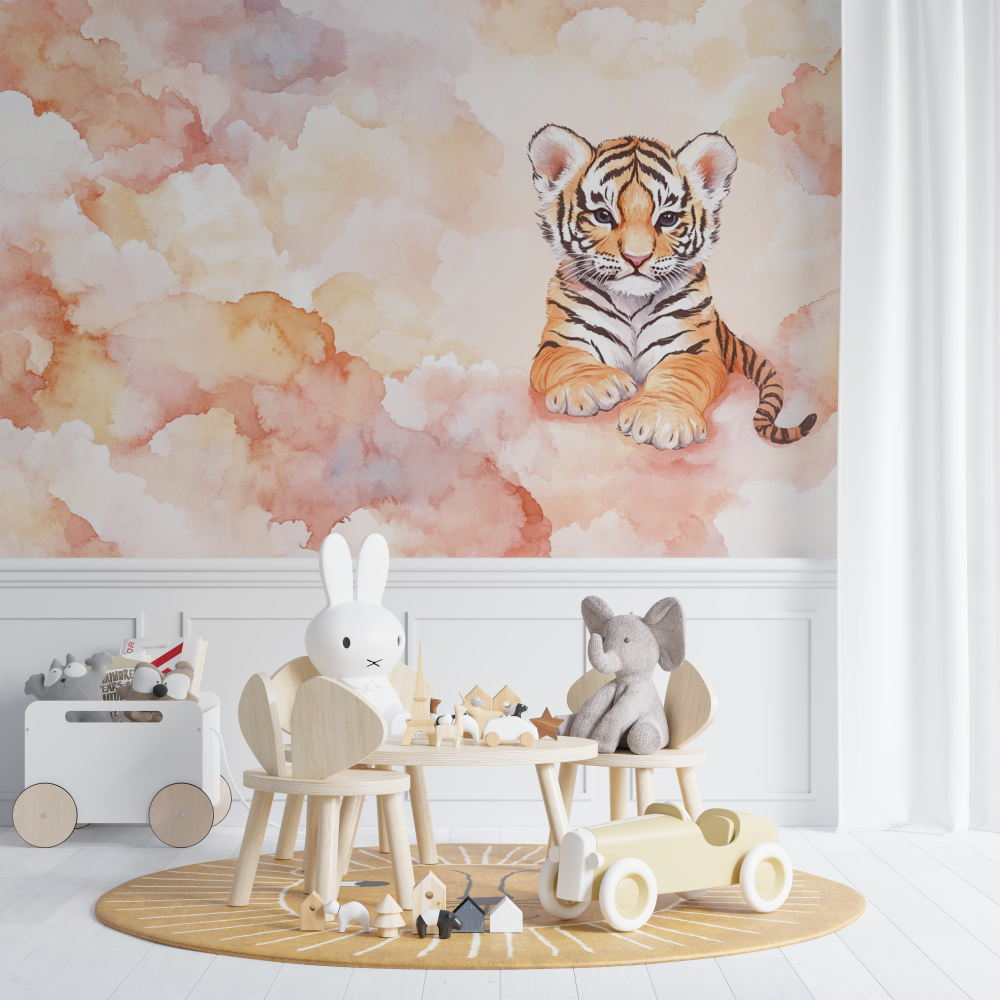 Papier peint tigre et nuages chambre de bebe