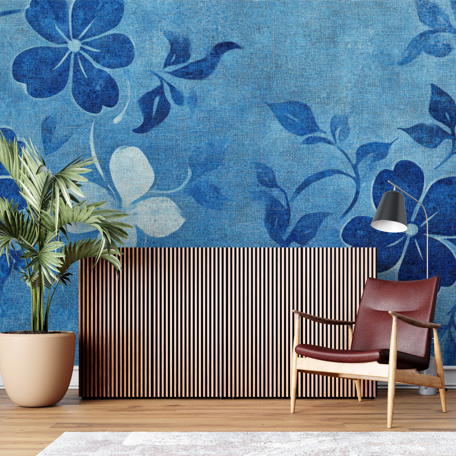 Papier peint vintage fleurs bleue sur mesure