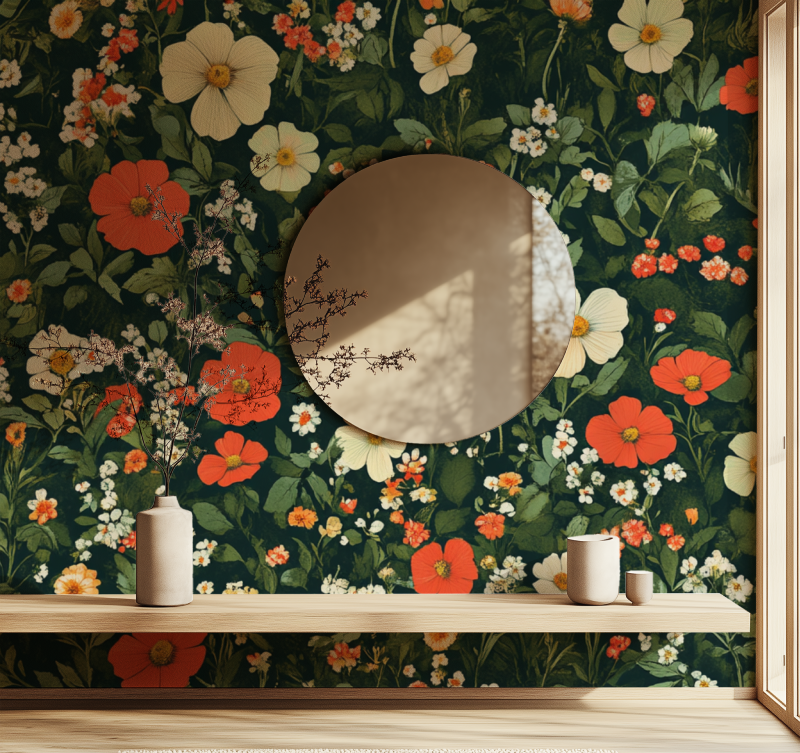 Papier peint fleur animaux vert miroir