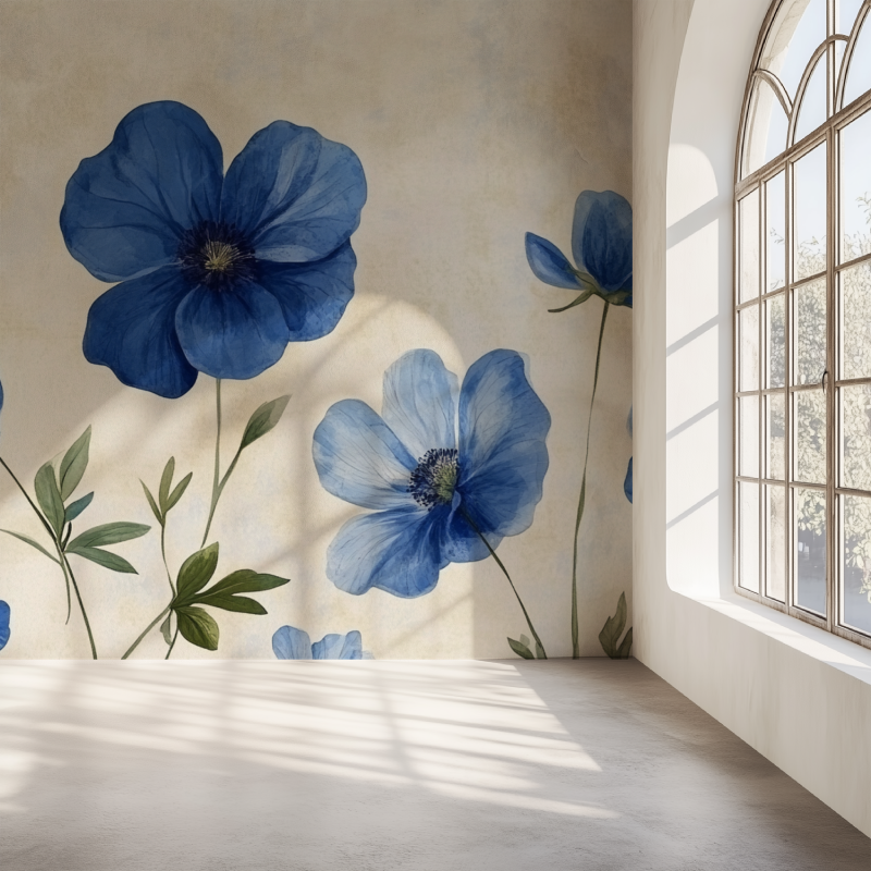Papier peint vintage fleur bleue mur simple