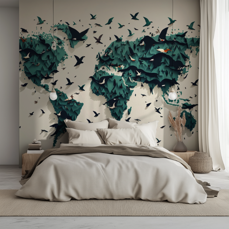 Papier peint carte du monde oiseau lit 1234