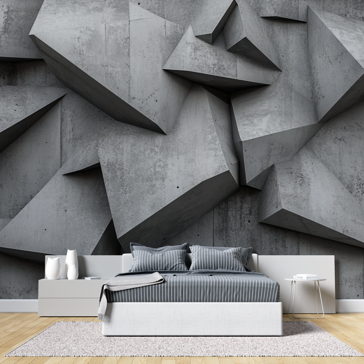 Papier peint 3d gris trompe loeil tete de lit