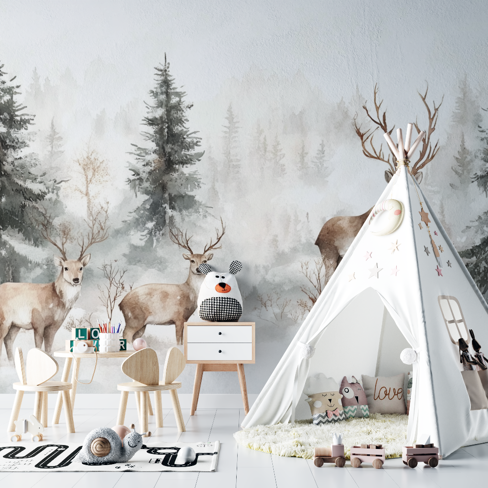 Papier peint cerf et foret blanche chambre bebe