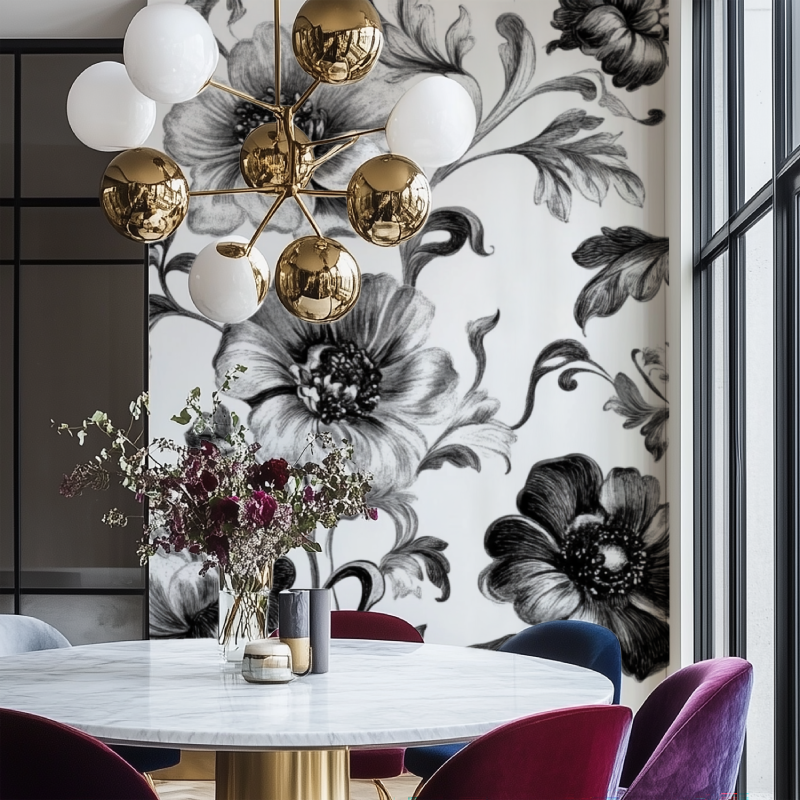 Papier peint fleurs vintage noir et blanc salon chaise