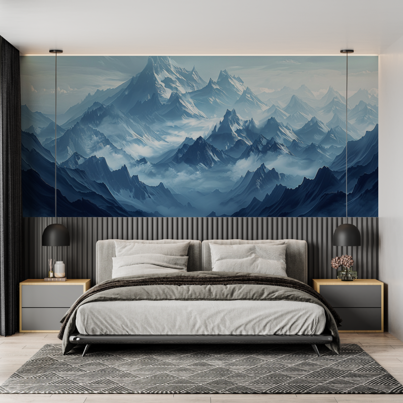 Papier peint panoramique montagne bleu mural adulte