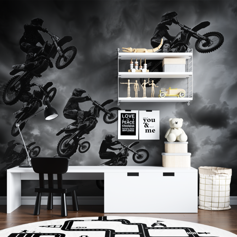 Papier peint 3d moto cross noir...nc tapisserie chambre ados