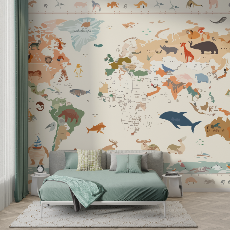 Papier peint carte du monde animaux chambre enfant murs