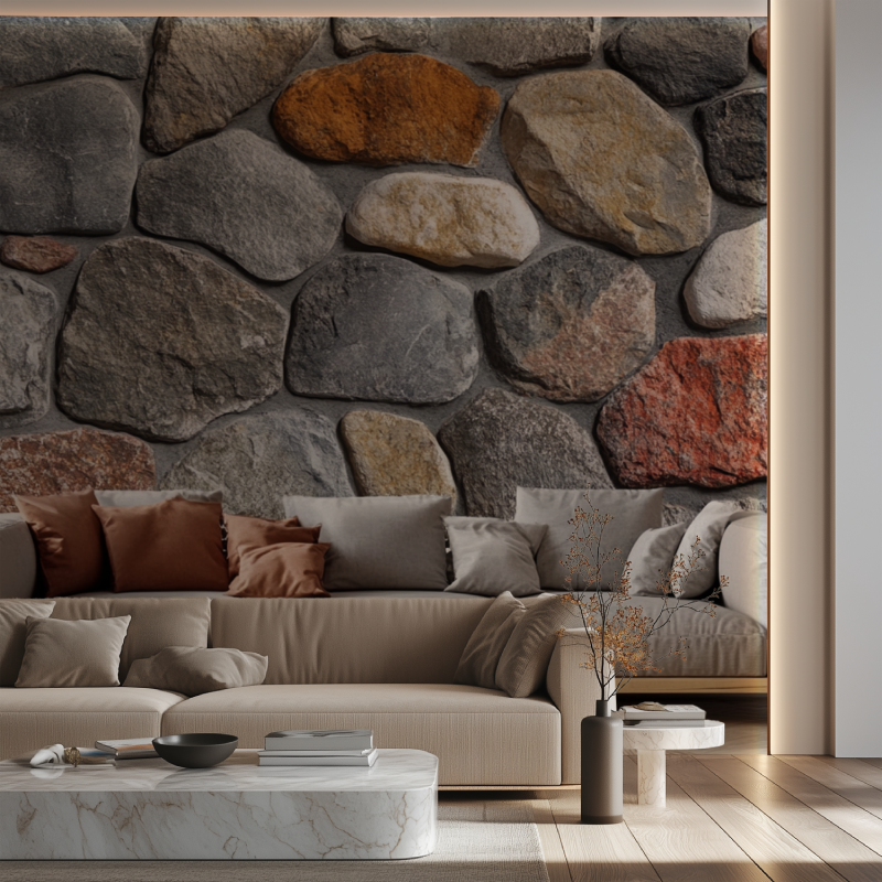 Papier peint trompe loeil style industriel canape neon