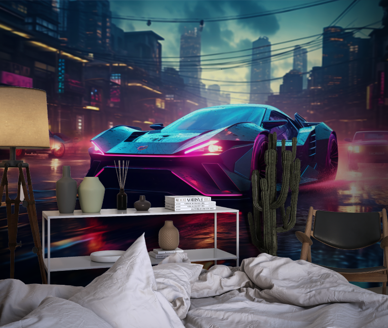 Papier peint voiture de sport en neon chambre dado1