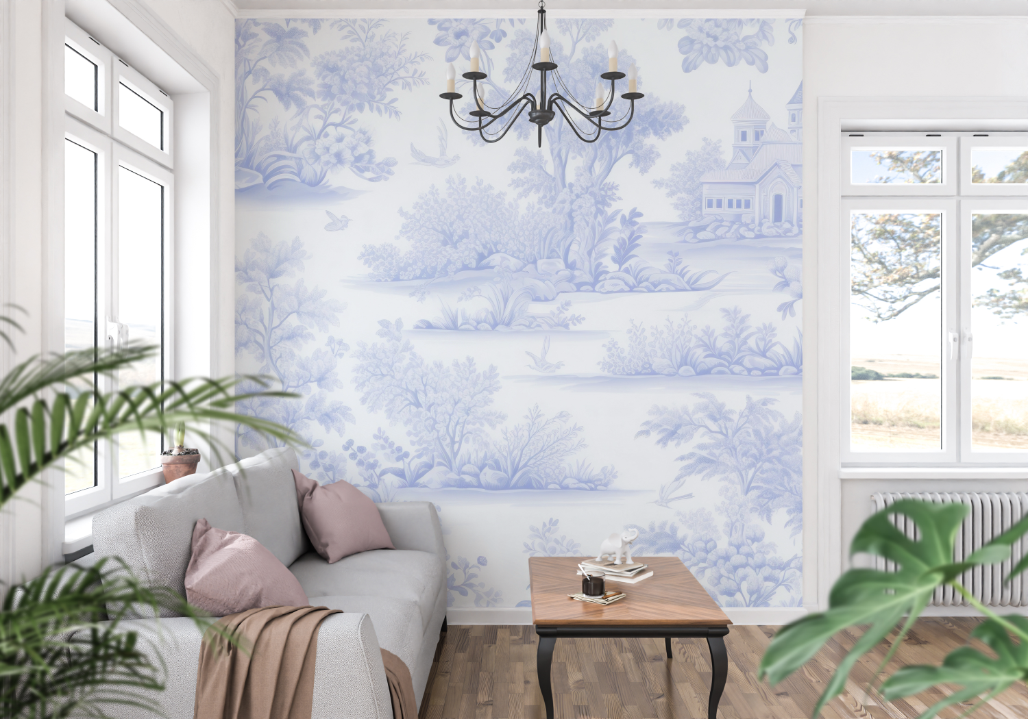 Papier Peint Toile De Jouy Bleu Pastel - panoramique-mur