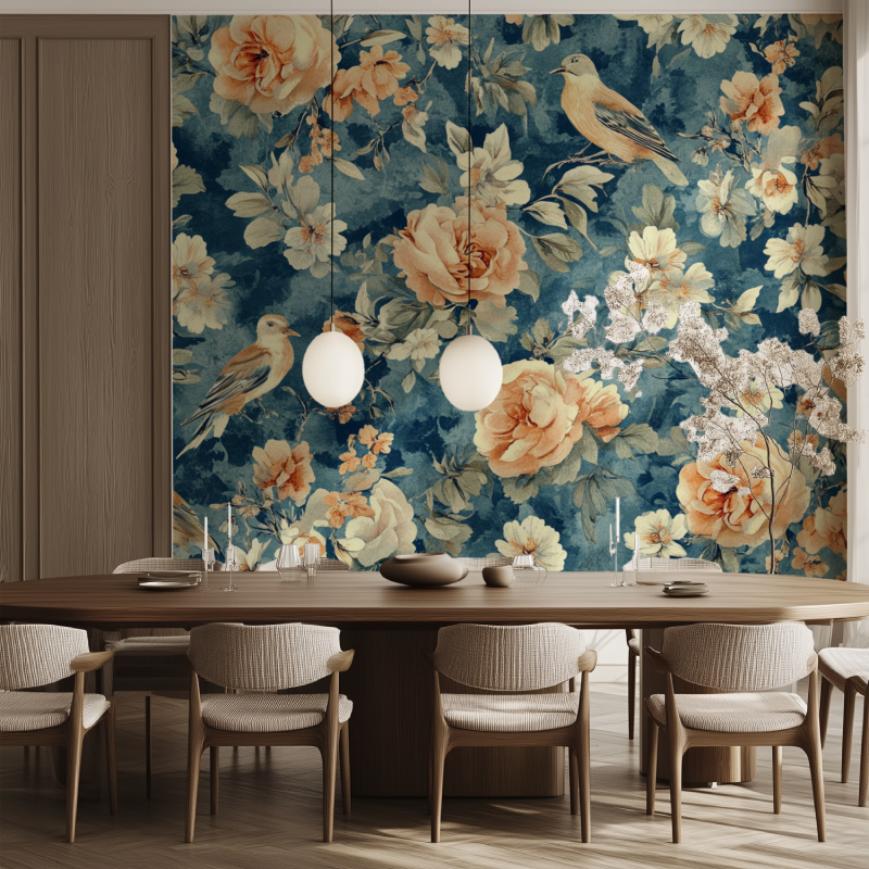 Papier peint vintage oiseaux et fleurs salle manger tendance
