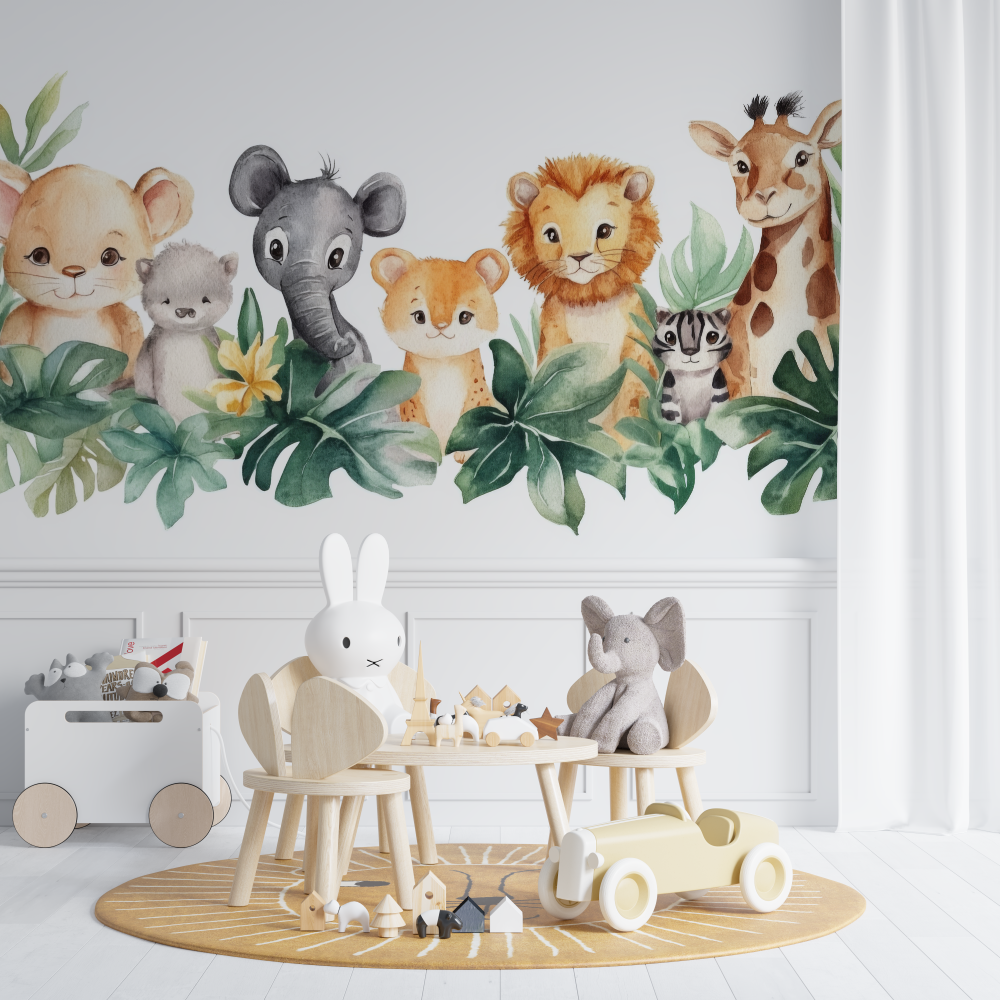 Papier peint lion pastel et amis chambre de bebe
