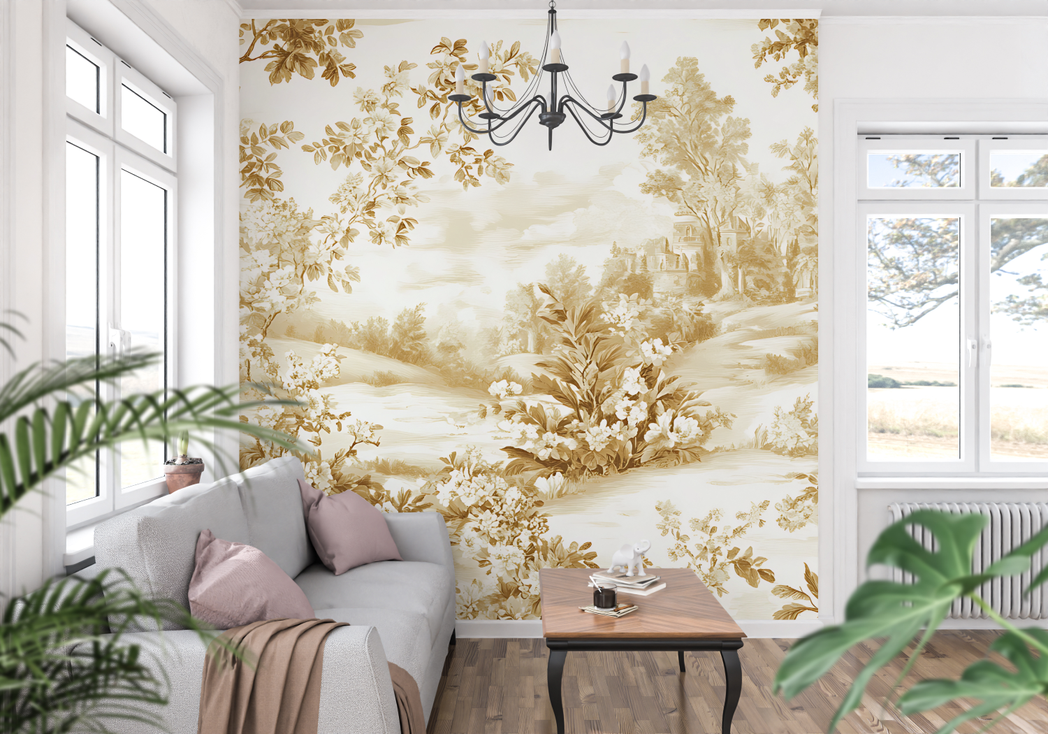 Papier Peint Toile De Jouy Beige Jaune - panoramique tendance