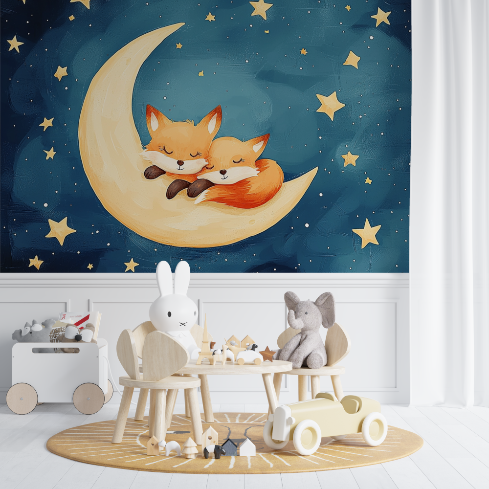Papier peint renard et lune chambre de bebe