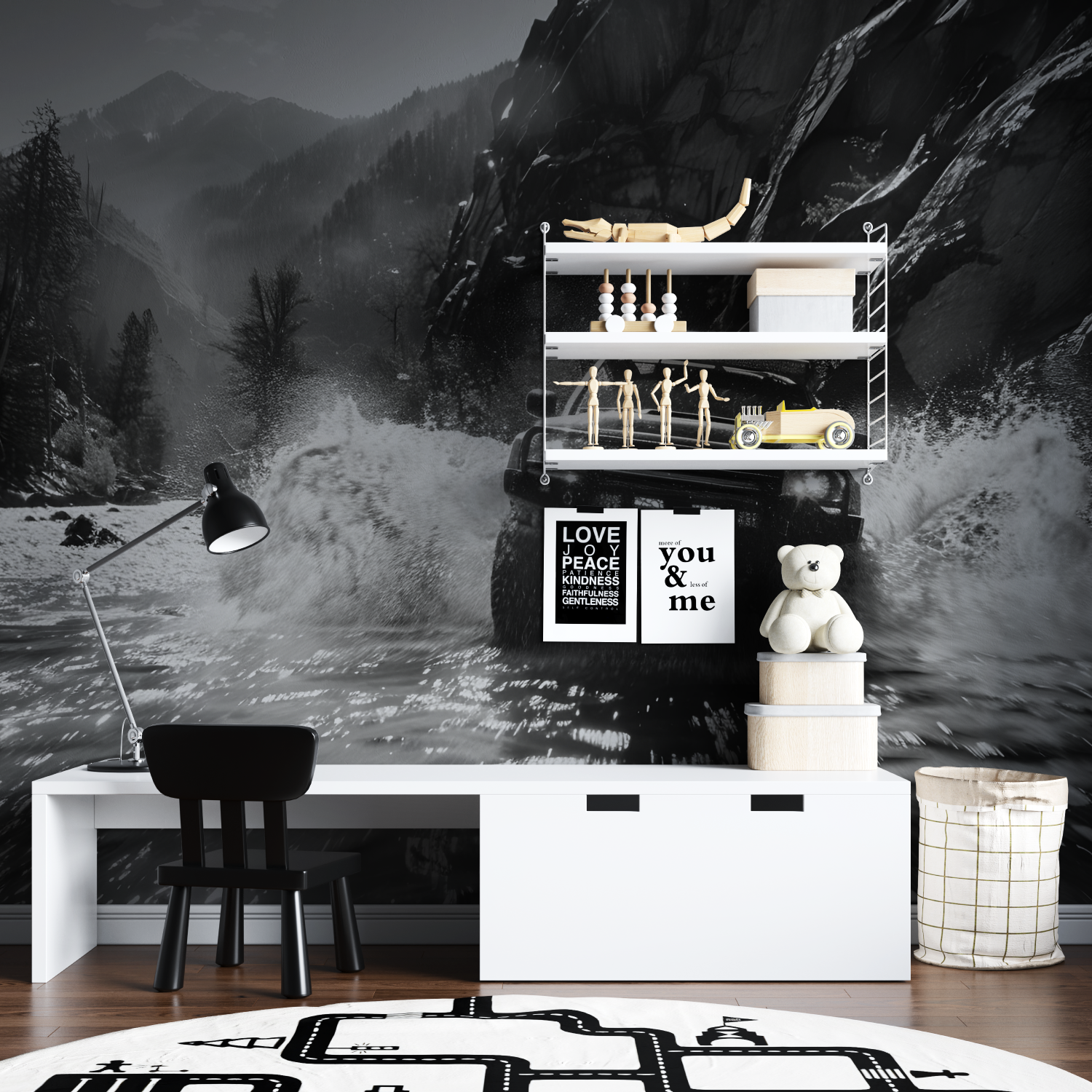 Papier peint noir et blanc voit...de rally tapisserie garcon