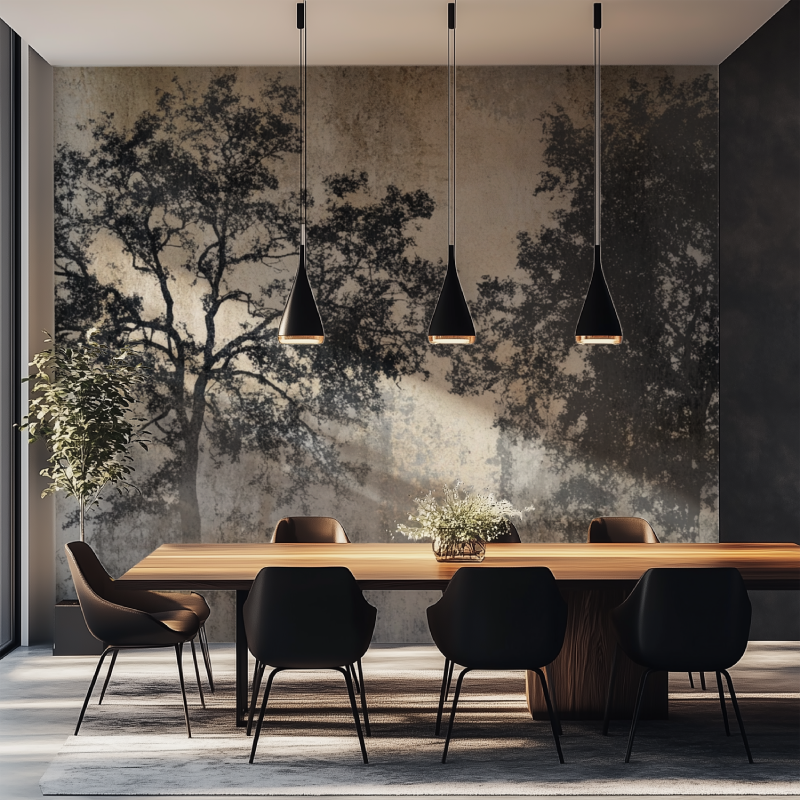 Papier peint arbre sur beton salle manger tapisserie