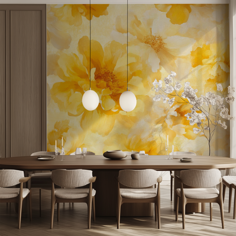 Papier peint vintage jaune fleur salle manger tendance