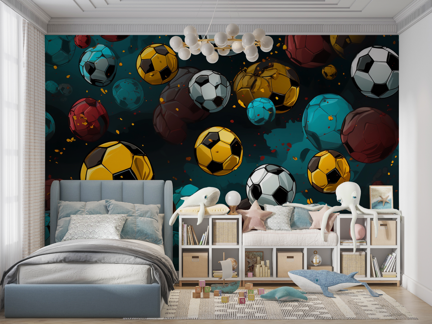 Papier peint ballons de foot panoramique garcon