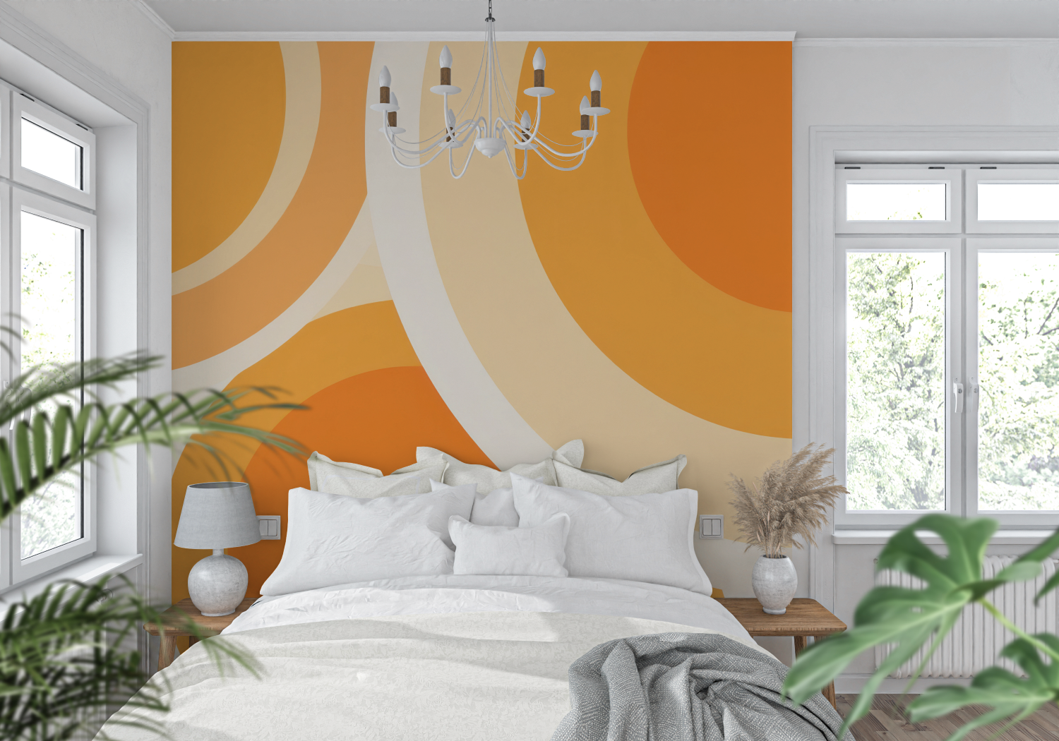 Papier Peint Orange Ronds Vintage - tapisserie pano