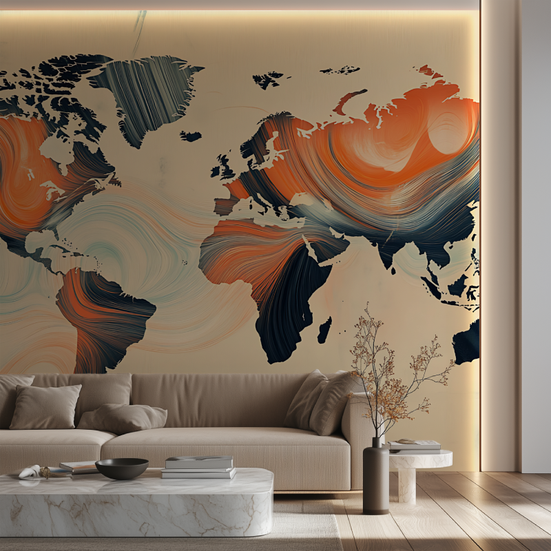 Papier peint carte du monde artistique canape neon