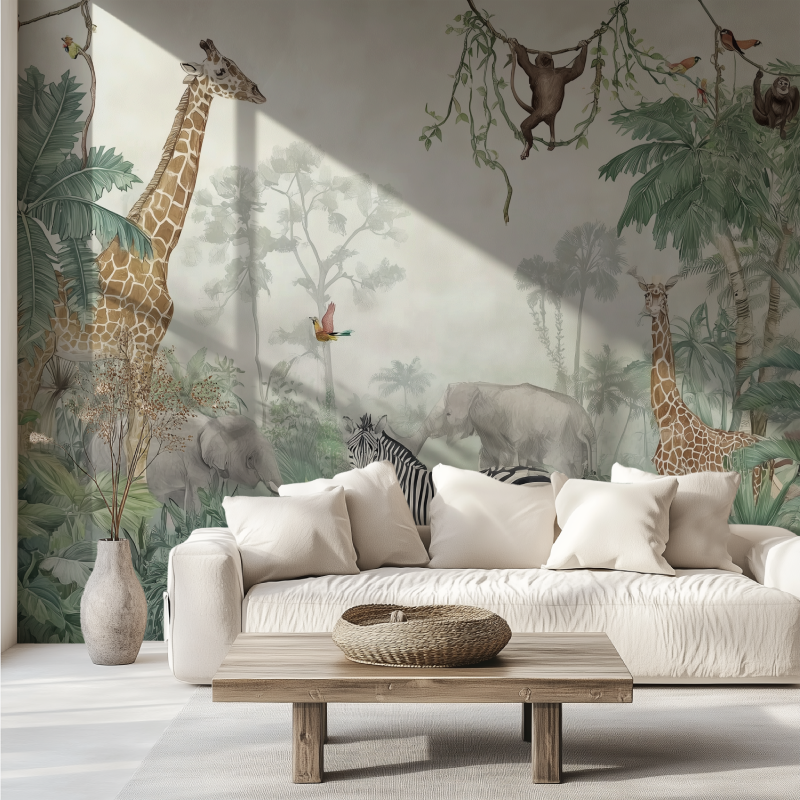 Aquarel jungle animals mural wallpaper canape tendance