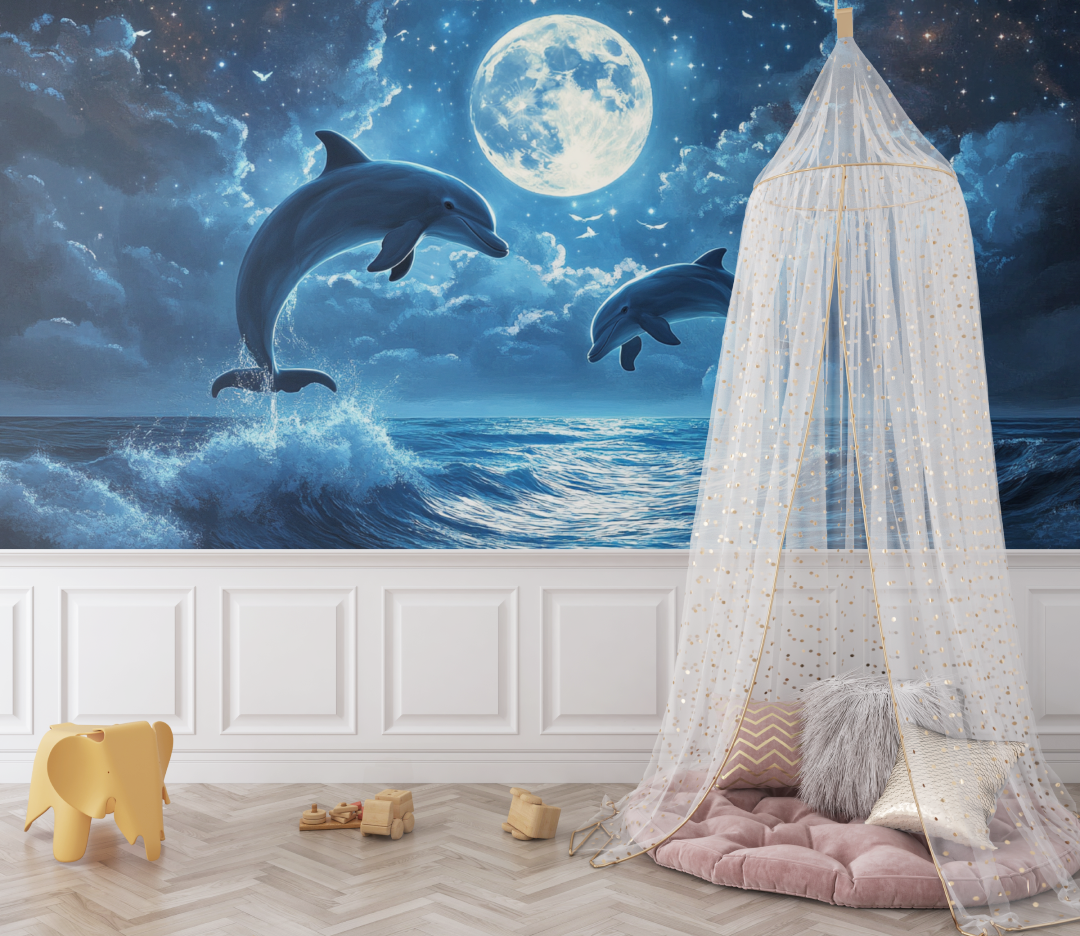 Papier peint marin dauphins et lune brillante bebe