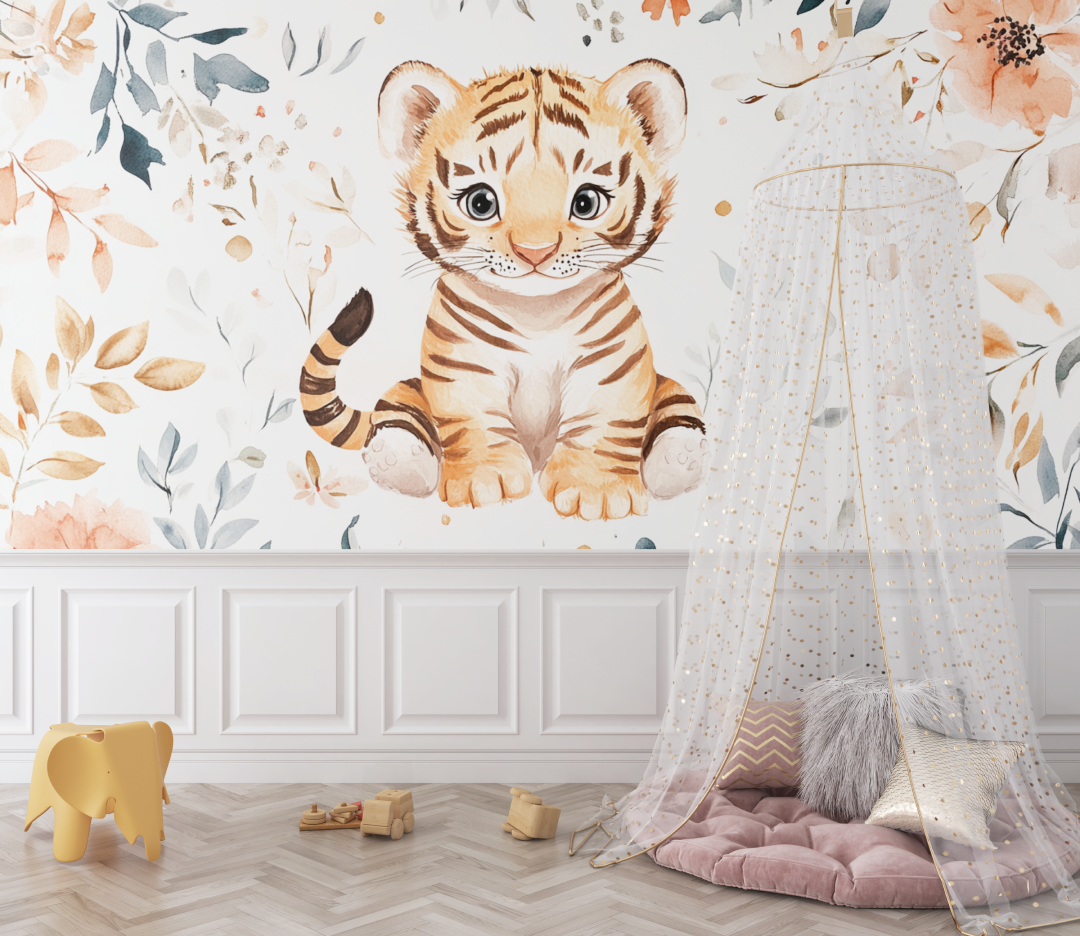 Papier peint tigre et motifs enfantins bebe