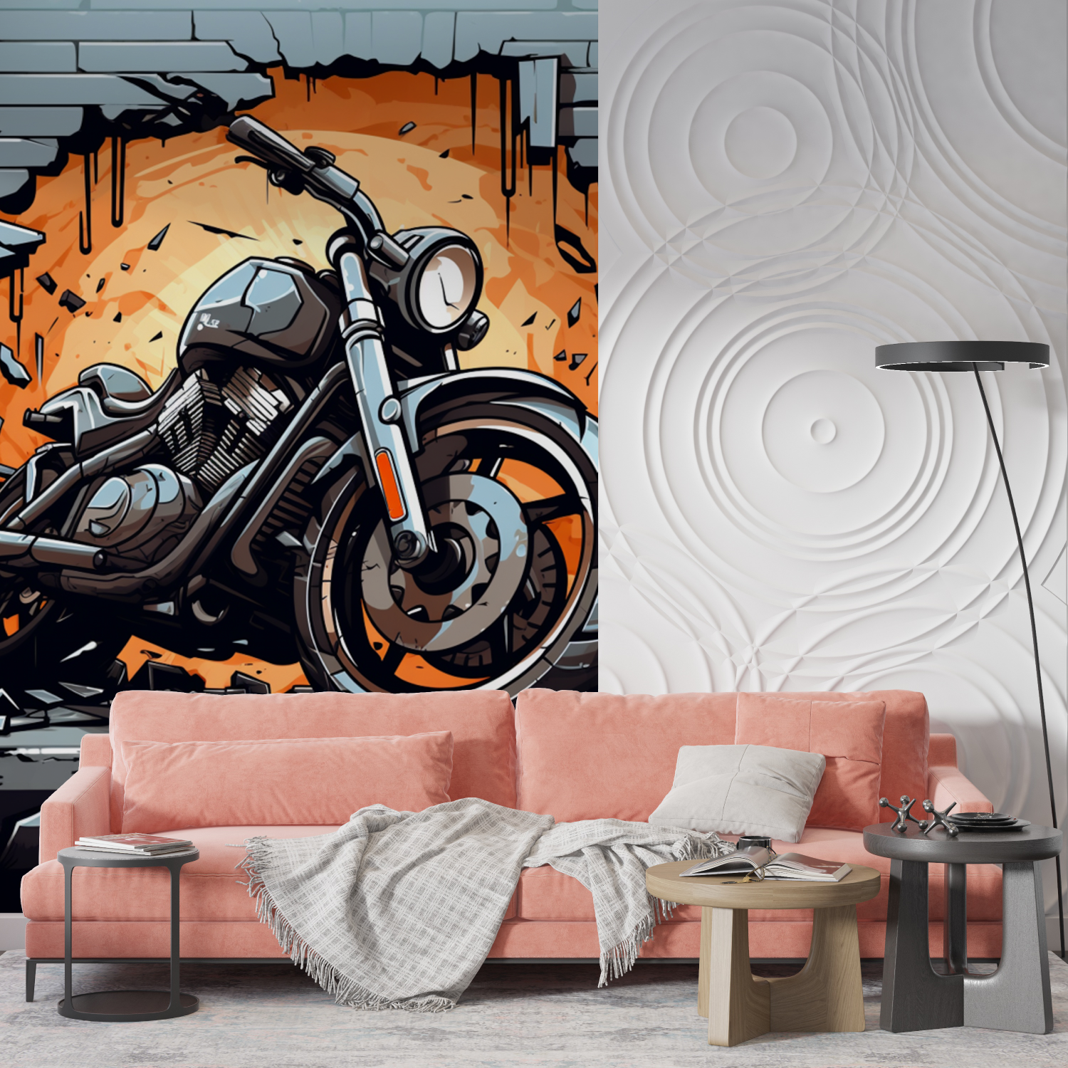 Papier peint panoramique moto et briques mur