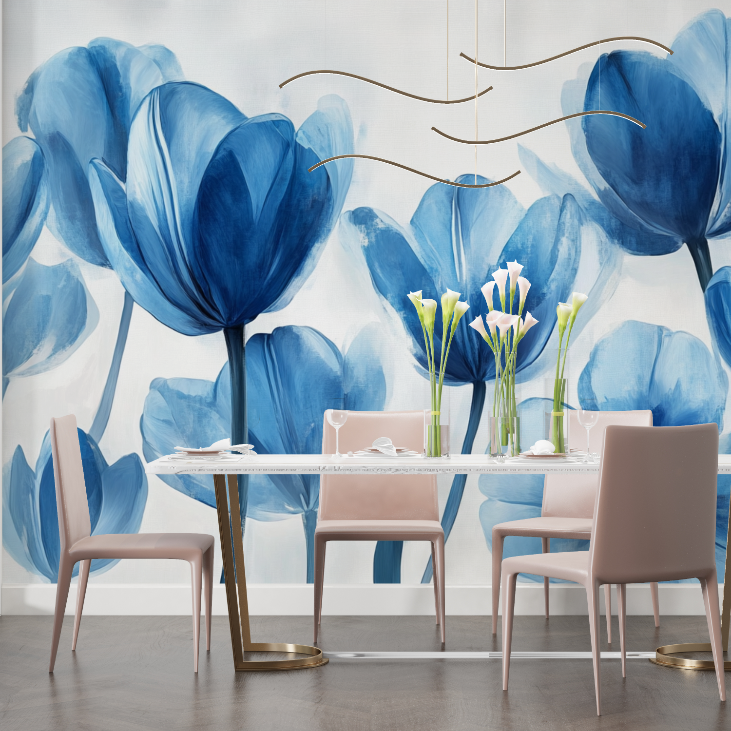 Papier peint tulipes bleues salon