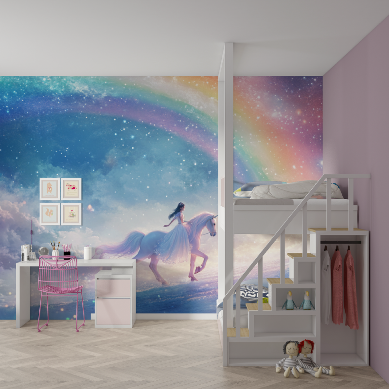 Papier peint licorne chevauchee mur chambre fille