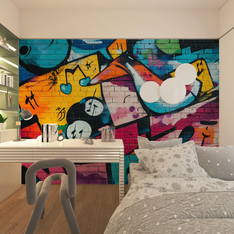 Papier peint brique et tag music chambre adolescents