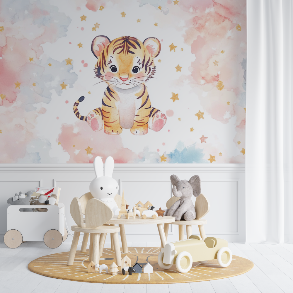 Papier peint tigre et etoiles filantes chambre de bebe