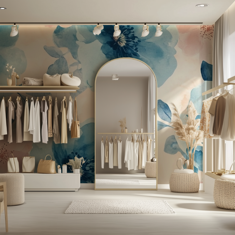 Papier peint vintage fleur bleue dressing