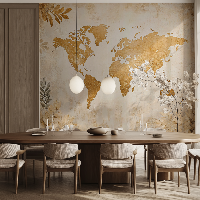Papier peint carte du monde dor...lage salle manger tendance