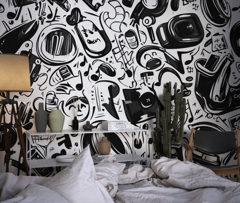 Papier peint musique noir et blanc abstrait chambre dado1