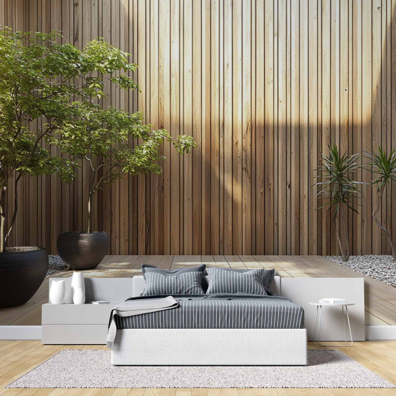 Papier peint bois trompe loeil tete de lit