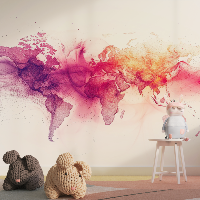 Papier peint carte du monde aqu...rose tapisserie pour fille