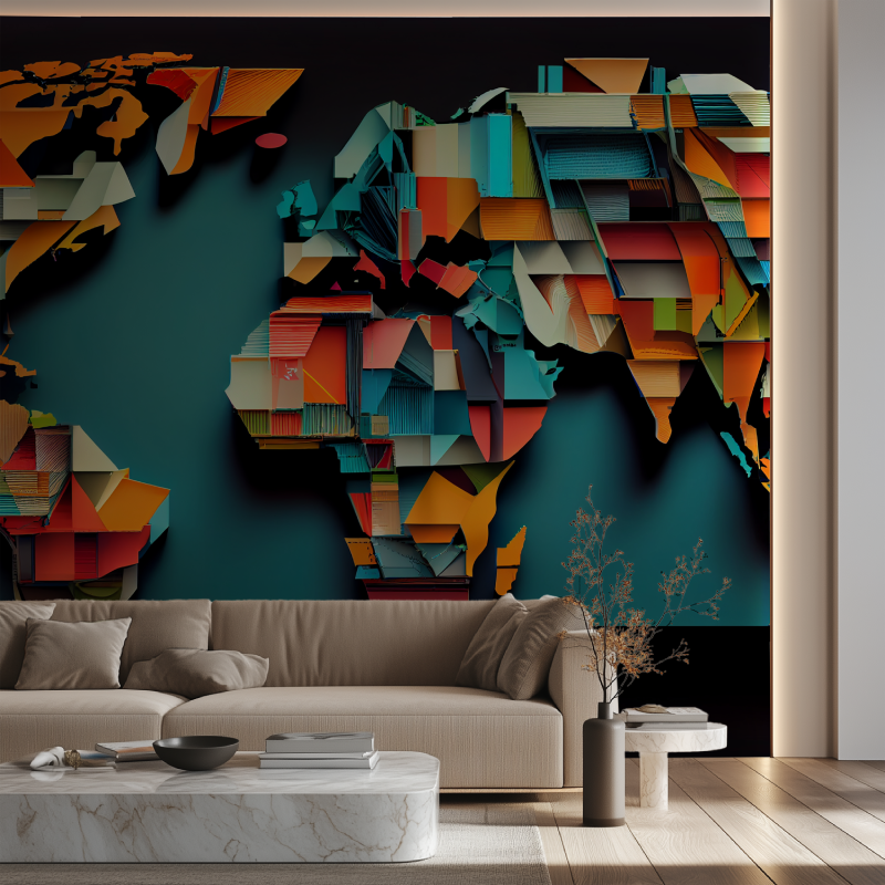 Papier peint 3d carte du monde canape neon