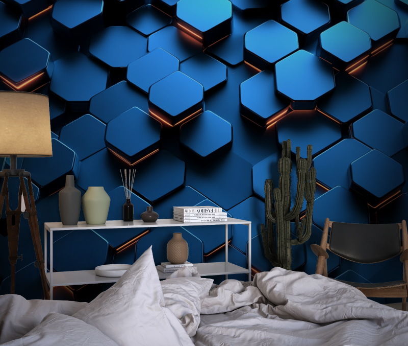 Papier peint gamer hexagones bleu fonce chambre dado1