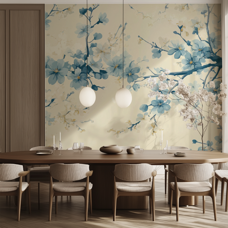 Papier peint fleur japonais bkeu salle manger tendance