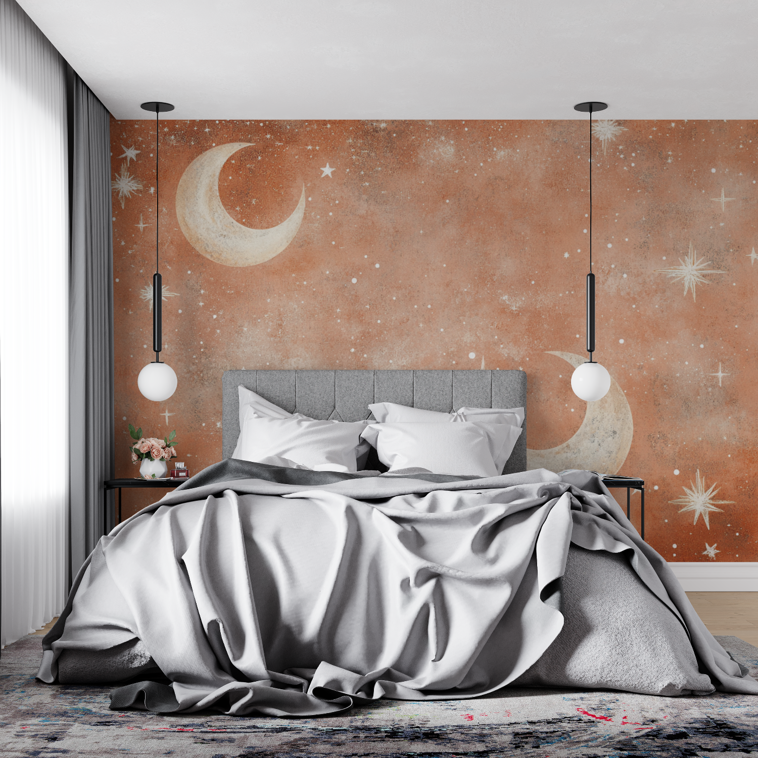 Papier peint terracotta motifs de lunes et etoiles 4murs