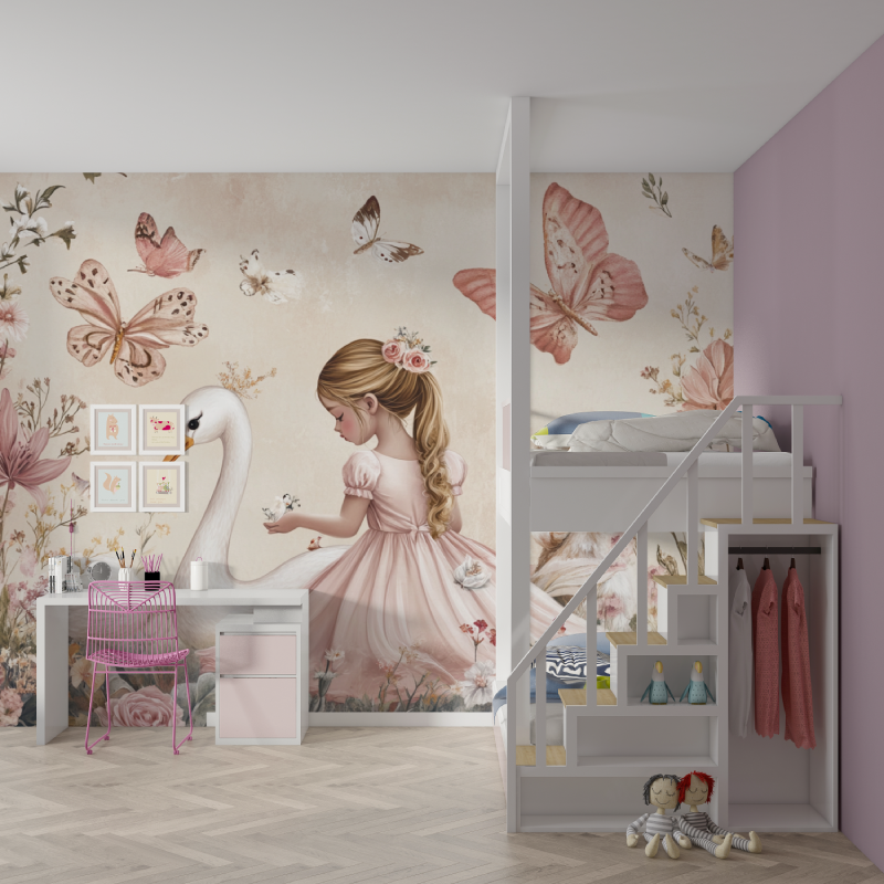 Papier peint princesse et ses amis mur chambre fille