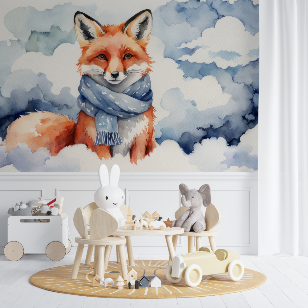 Papier peint renard pastel bleu chambre de bebe