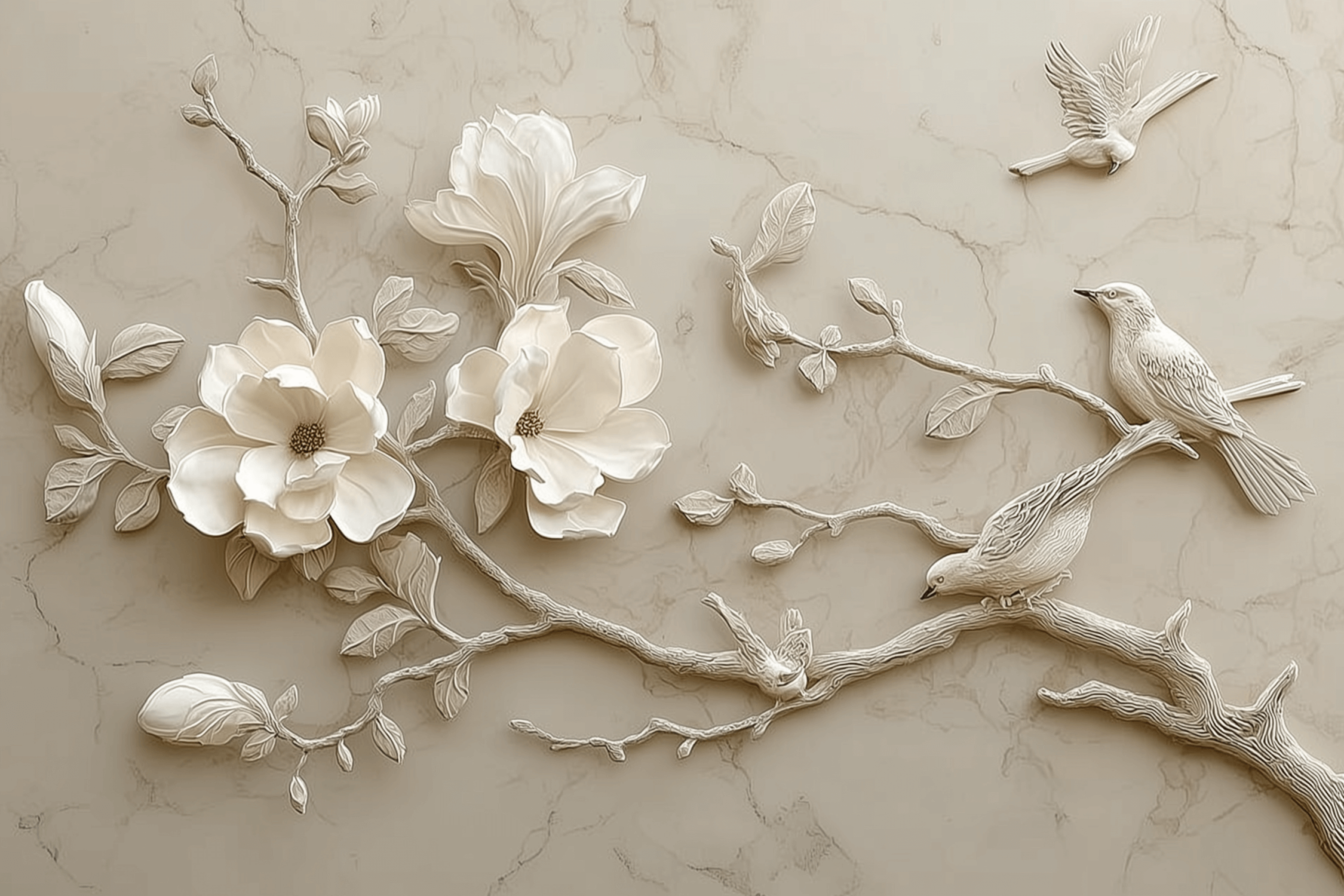 3D Beige Birds Mural Wallpaper