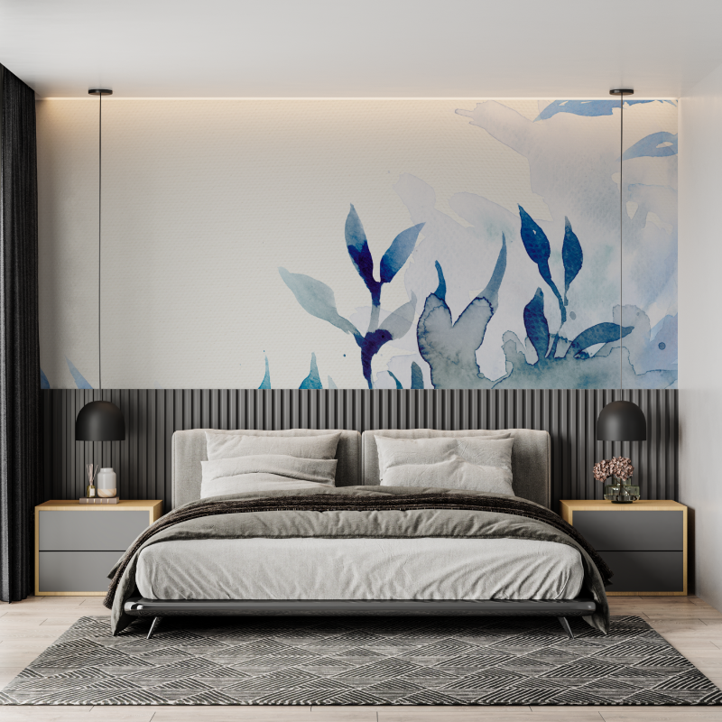 Papier peint aquarelle nature bleu mural adulte