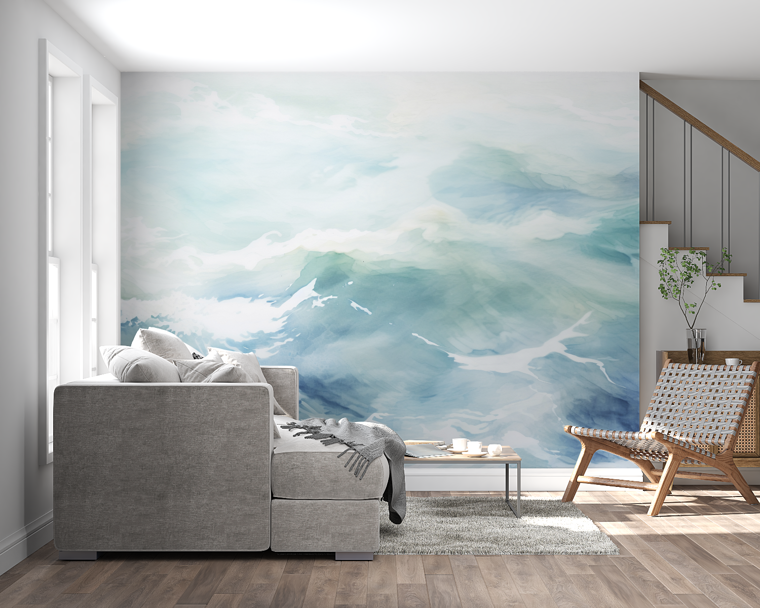 Papier peint aquarelle vague panoramique mural